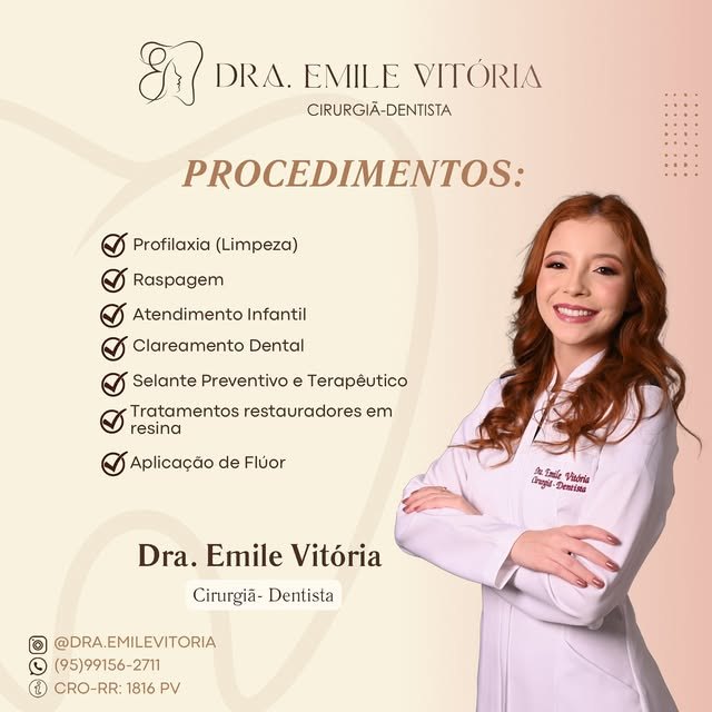 Arte com a lista de procedimentos de Clínica Geral e a Dra. Emile Vitória de jaleco branco
